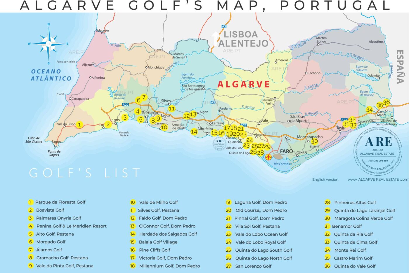 Mapa del Algarve que indica 36 campos de golf en los 16 municipios.