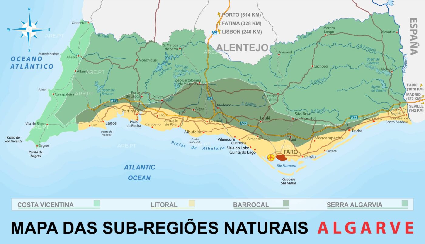 Mapa de las subregiones naturales del Algarve, Costa Vicentina, Costa, Barrocal y Serra Algarvia.