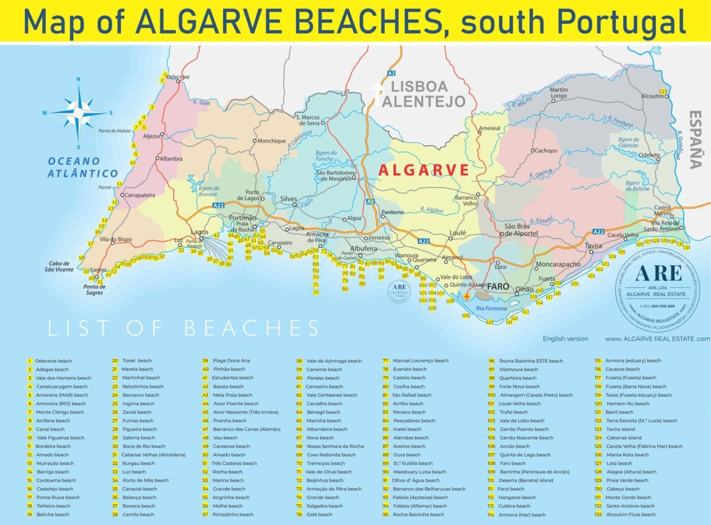 Carte des 133 plages de l'Algarve. La côte sud du Portugal compte plus de 133 plages à découvrir !