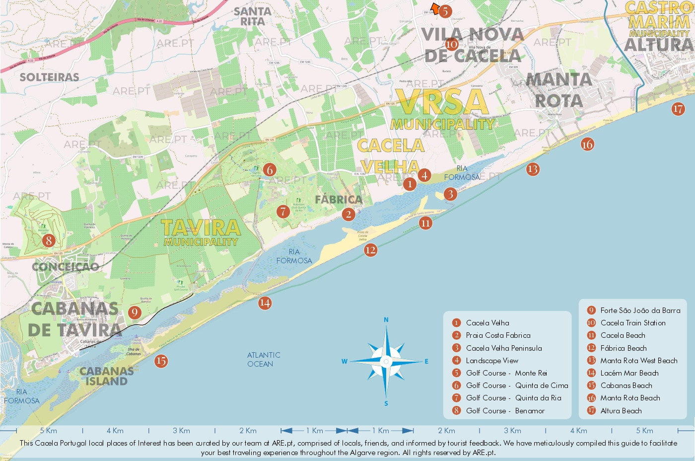 Mapa de Cabanas de Tavira, Cacela Velha y alrededores, con principales puntos de interés, ubicaciones útiles y zonas residenciales. Distancias a las principales localidades del sur de Portugal