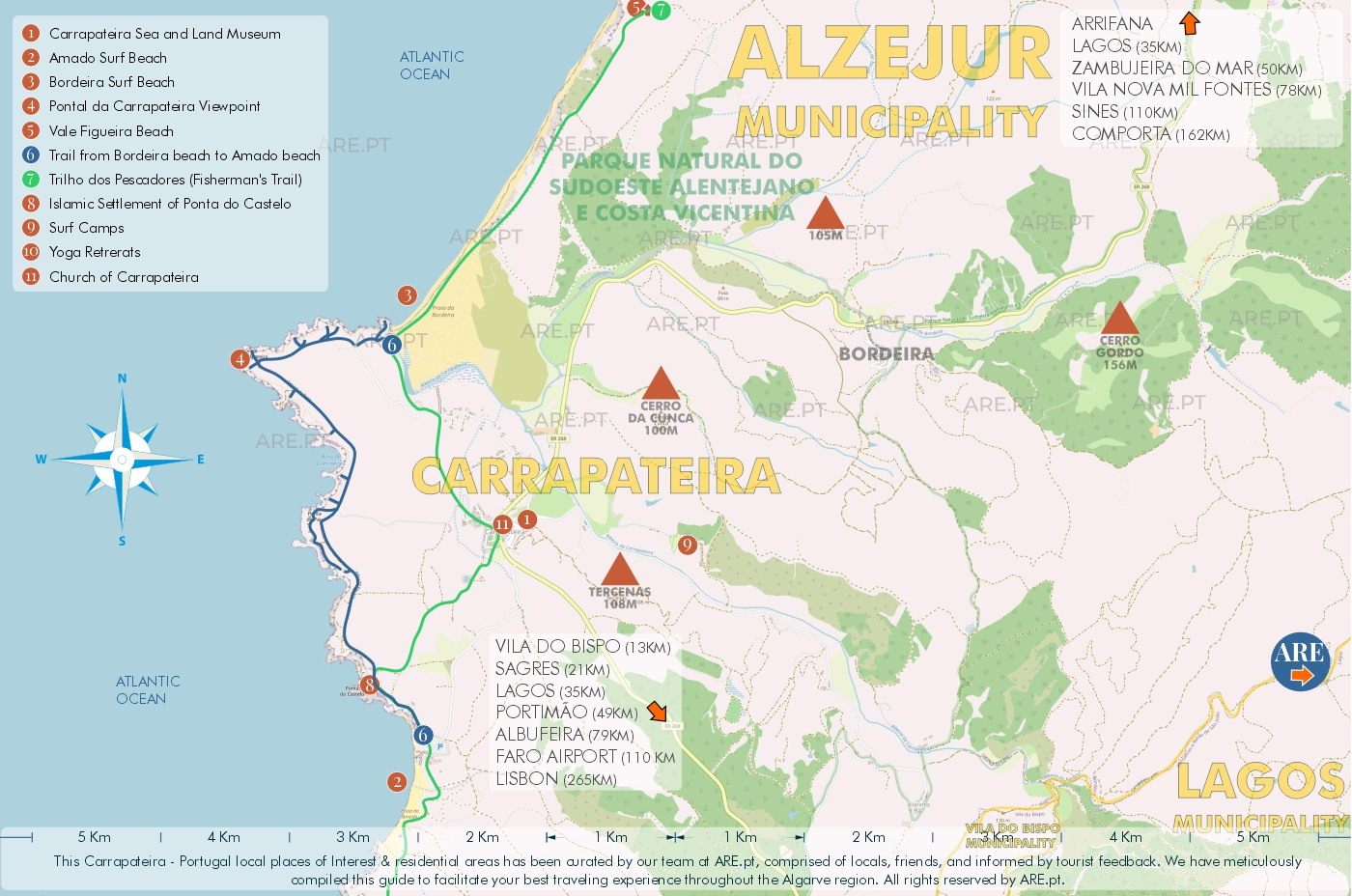Carte de Carrapateira et de ses environs, avec les principaux points d'intérêt, les emplacements utiles et les zones résidentielles. Distances des principaux sites du sud du Portugal