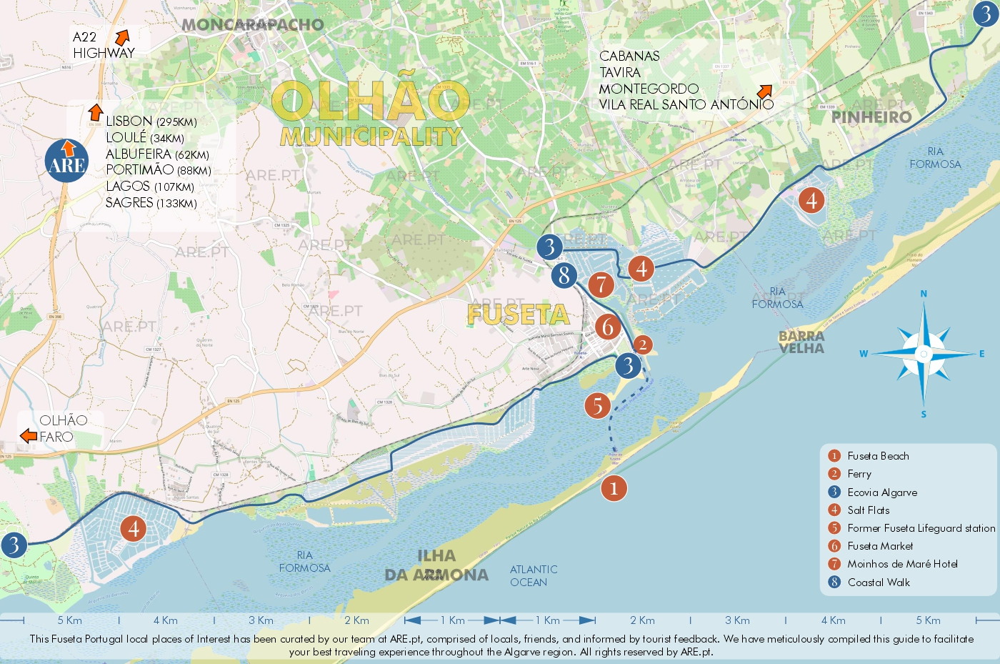 Mapa de Fuseta y alrededores, con principales puntos de interés, ubicaciones útiles y zonas residenciales. Distancias a las principales localidades del sur de Portugal