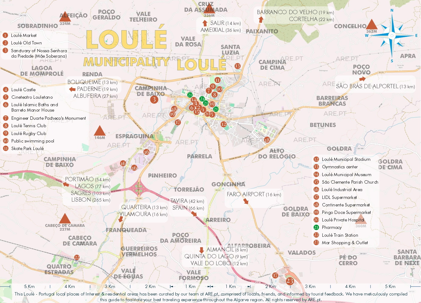 Plan de la ville et des environs de Loulé, avec les principaux points d'intérêt, les emplacements utiles et les zones résidentielles. Distances des principaux sites du sud du Portugal