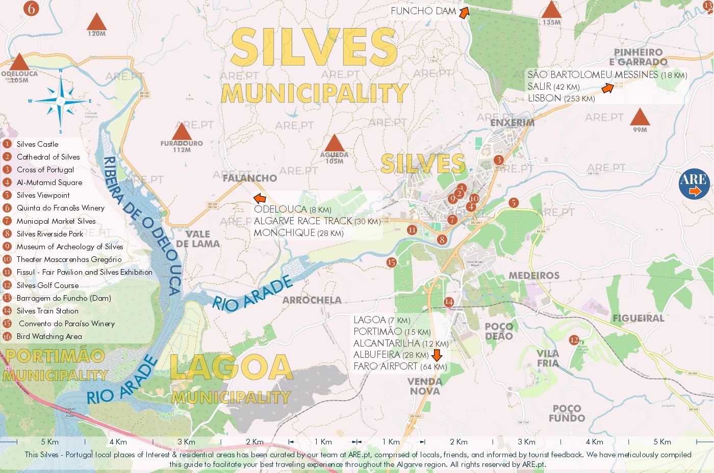 Mapa de Silves e arredores, com principais pontos de interesse, localizações úteis e zonas residenciais. Distâncias às principais localidades do sul de Portugal