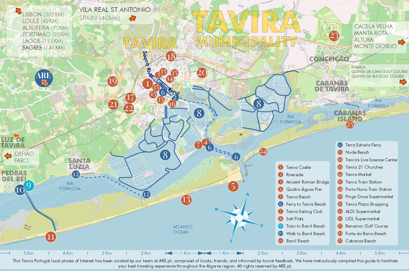 Map of Tavira and surroundings, with main points of interest, useful locations and residential areas. Distances to the main locations in the south of Portugal