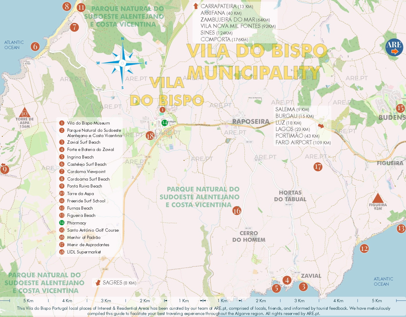 Carte de Vila do Bispo et de ses environs, avec les principaux points d'intérêt, les emplacements utiles et les zones résidentielles. Distances des principaux sites du sud du Portugal